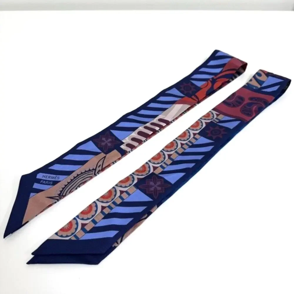 HERMES Epaulettes de Gala Blue Multicolor Silk Twilly Set of Two Neck Scarfs